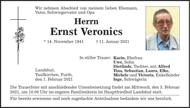 Traueranzeige Ernst Veronics