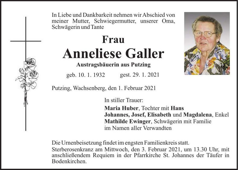 Traueranzeige Anneliese Galler