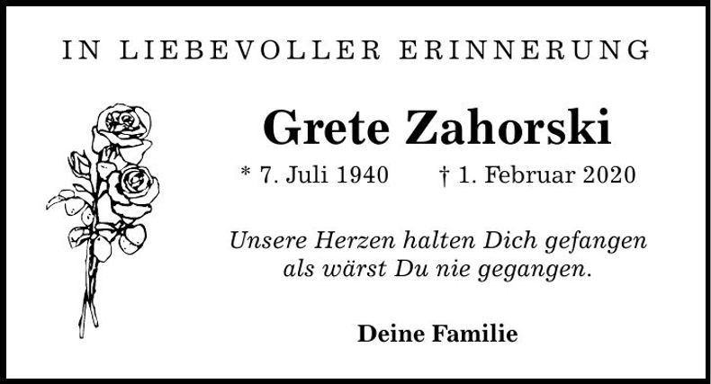 Traueranzeige Grete Zahorski