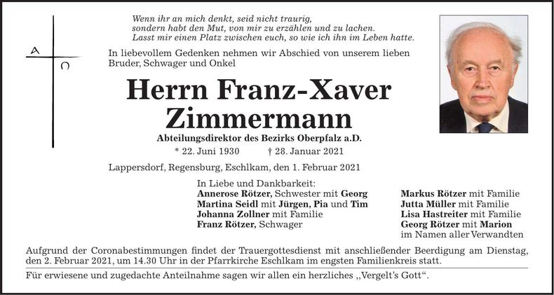 Traueranzeige Franz-Xaver Zimmermann