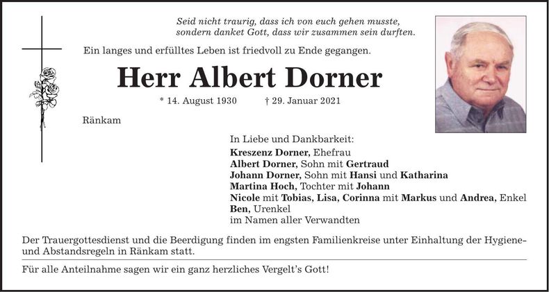Traueranzeige Albert Dorner