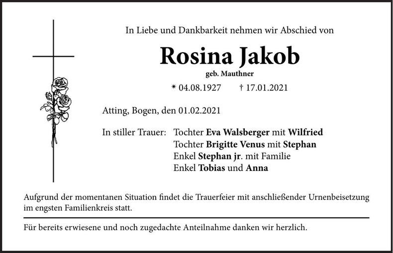 Traueranzeige Rosina Jakob