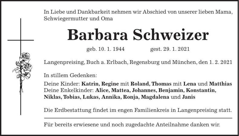 Traueranzeige Barbara Schweizer
