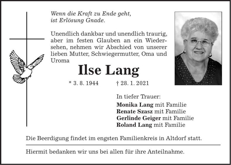 Traueranzeige Ilse Lang
