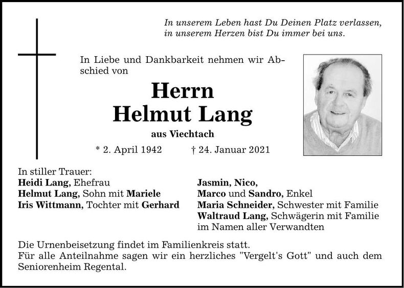 Traueranzeige Helmut Lang
