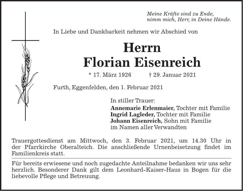 Traueranzeige Florian Eisenreich