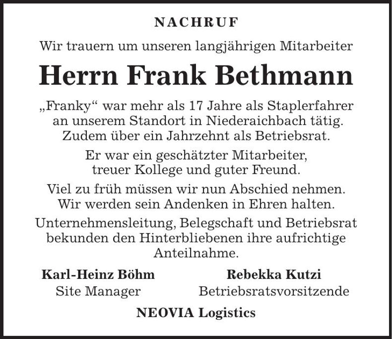 Traueranzeige Frank Bethmann