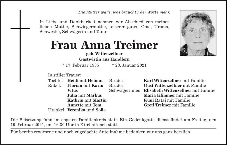Traueranzeige Anna Treimer
