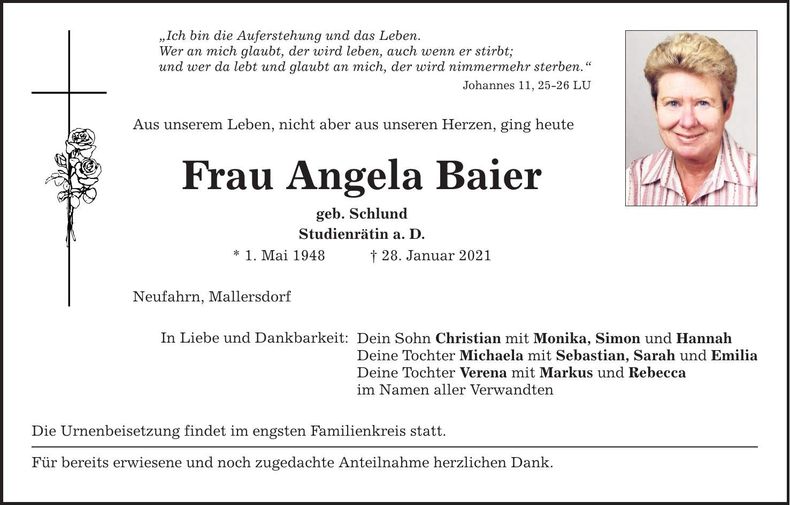 Traueranzeige Angela Baier