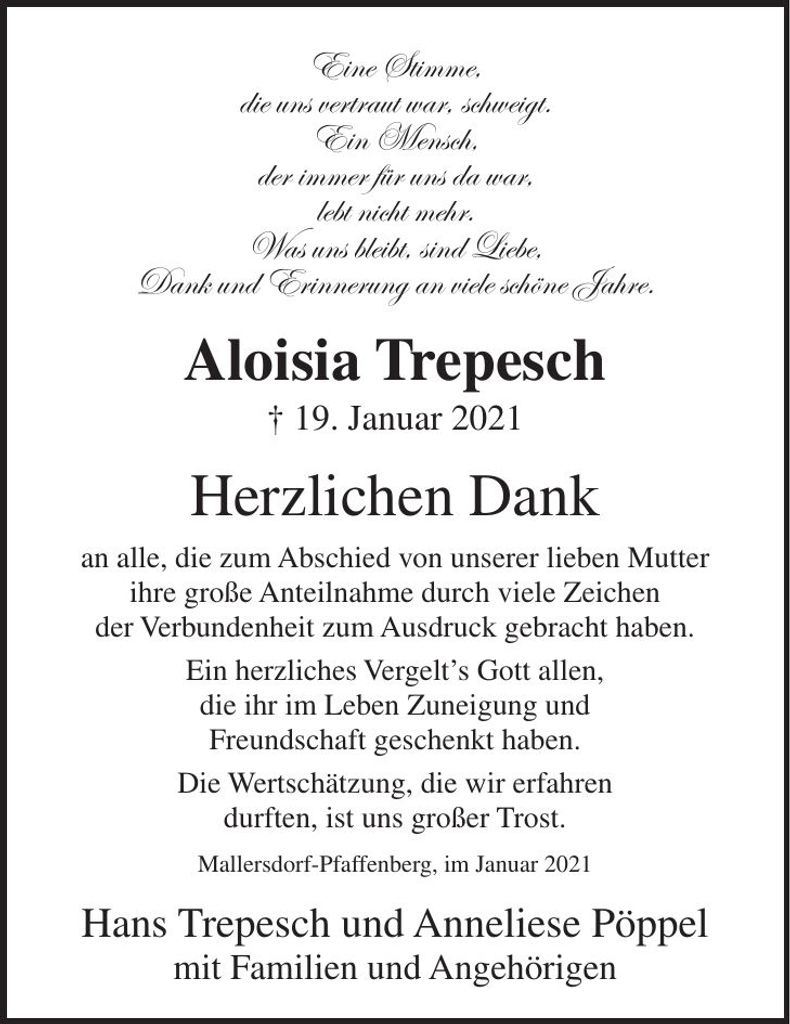 Traueranzeige Aloisia Trepesch