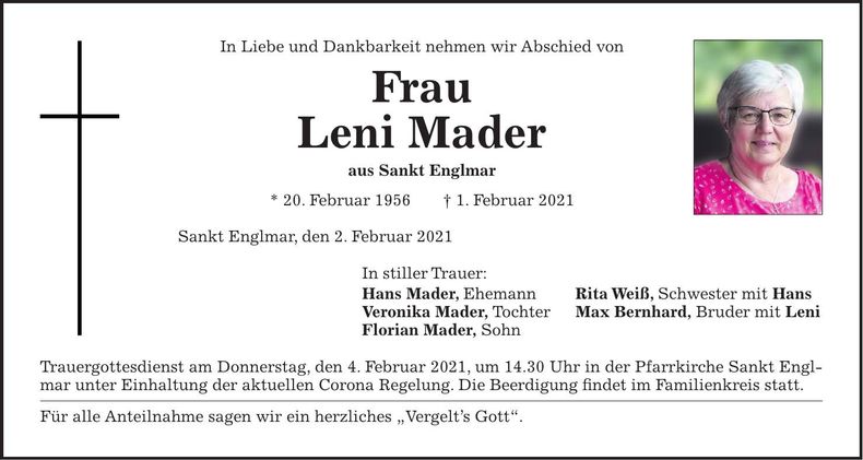 Traueranzeige Mader Leni