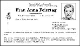 Traueranzeige Anna Feiertag