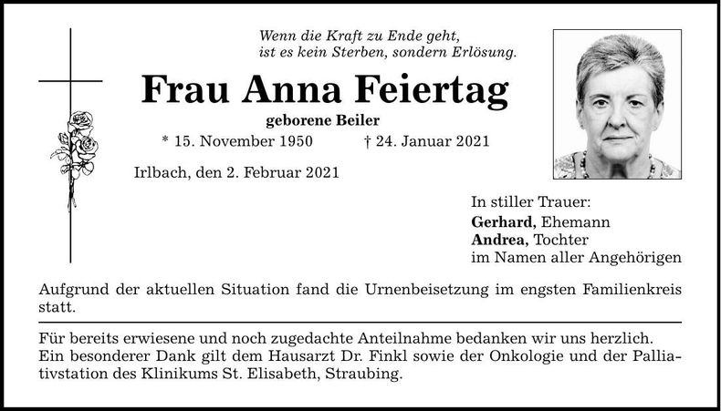 Traueranzeige Anna Feiertag