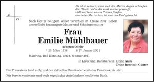 Traueranzeige Emilie Mühlbauer