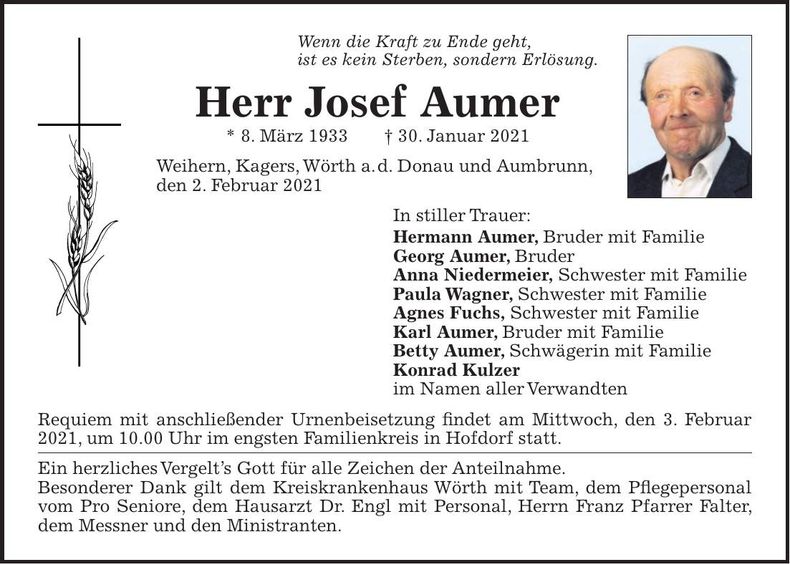Traueranzeige Josef Aumer