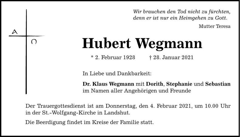 Traueranzeige Hubert Wegmann
