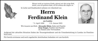 Traueranzeige Ferdinand Klein