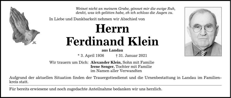 Traueranzeige Ferdinand Klein