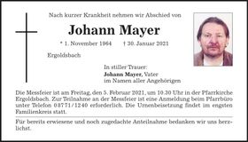Traueranzeige Johann Mayer