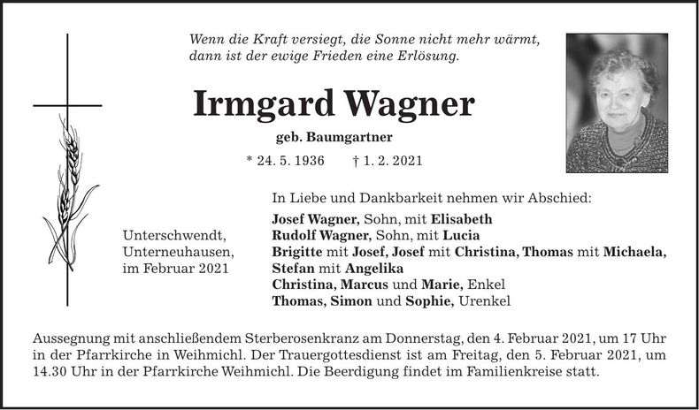 Traueranzeige Irmgard Wagner