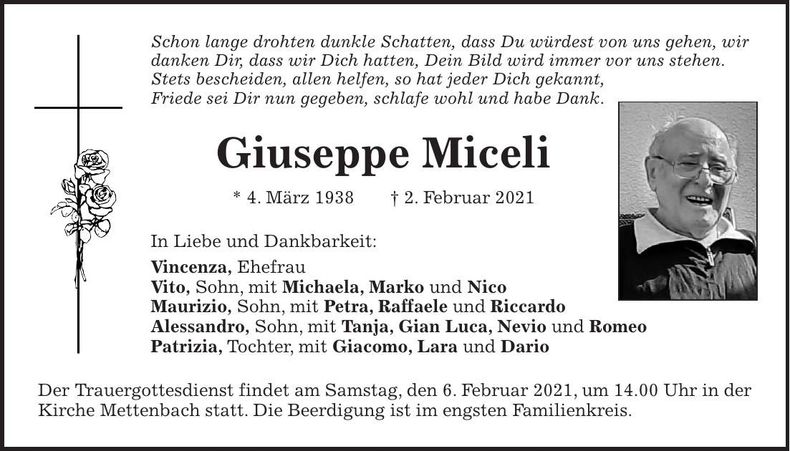 Traueranzeige Giuseppe Miceli