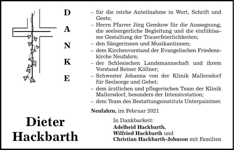 Traueranzeige Dieter Hackbarth