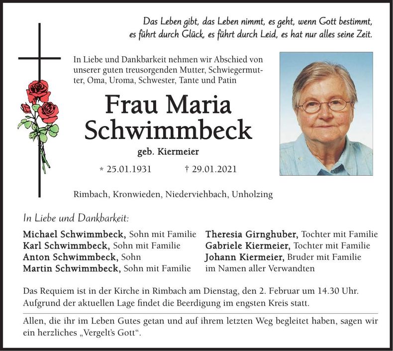 Traueranzeige Maria Schwimmbeck