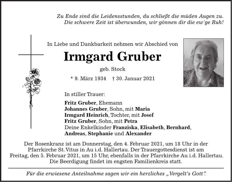 Traueranzeige Irmgard Gruber
