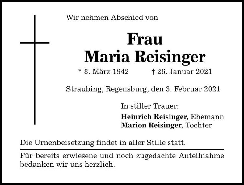 Traueranzeige Maria Reisinger
