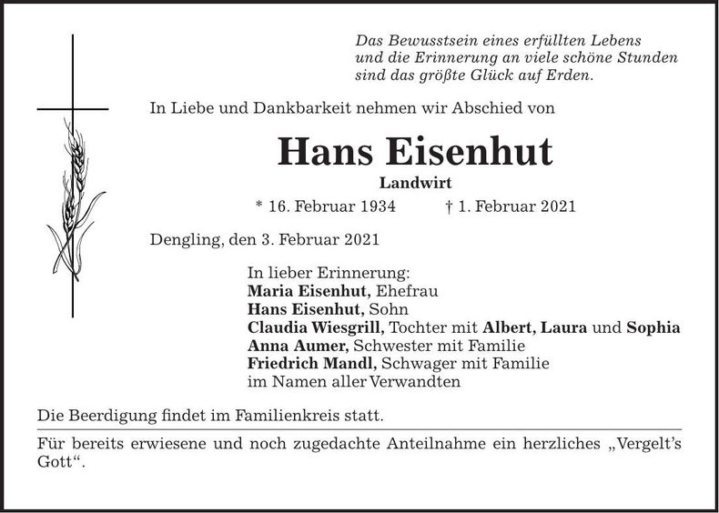 Traueranzeige Hans Eisenhut