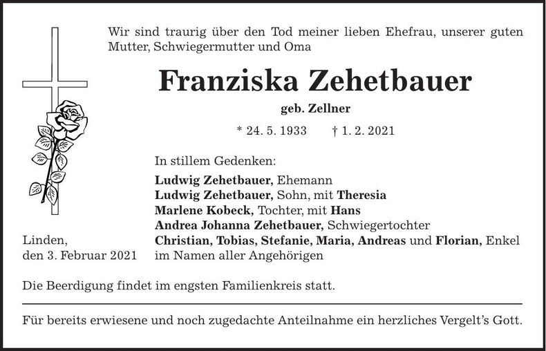 Traueranzeige Franziska Zehetbauer
