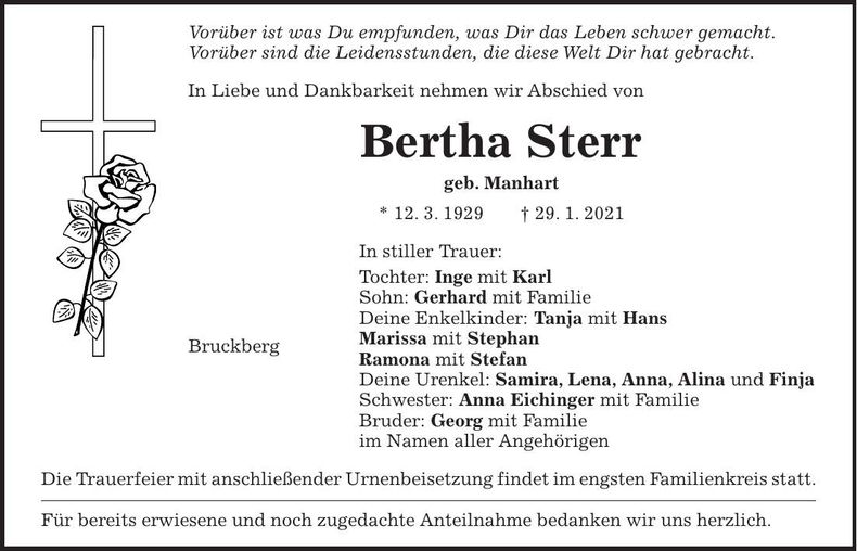 Traueranzeige Bertha Sterr