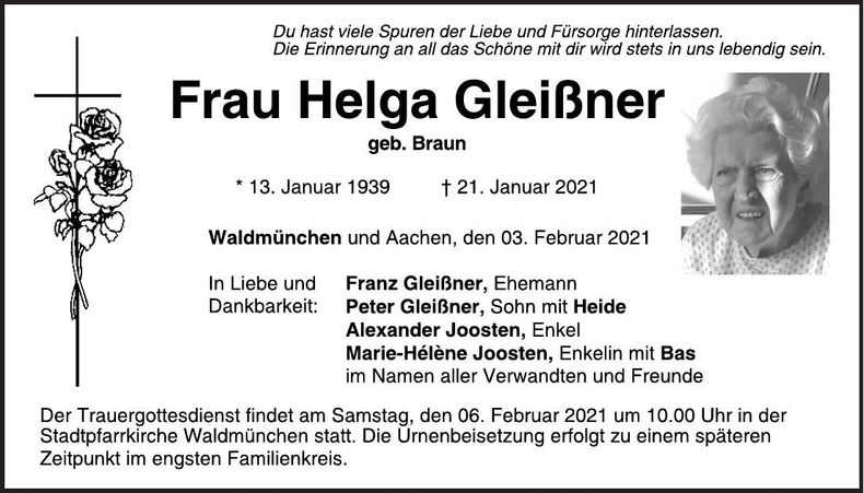 Traueranzeige Helga Gleißner