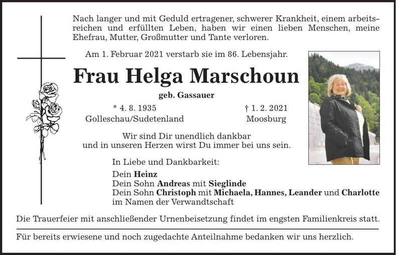 Traueranzeige Helga Marschoun