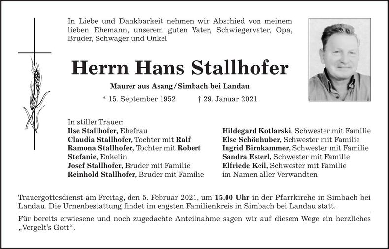 Traueranzeige Hans Stallhofer