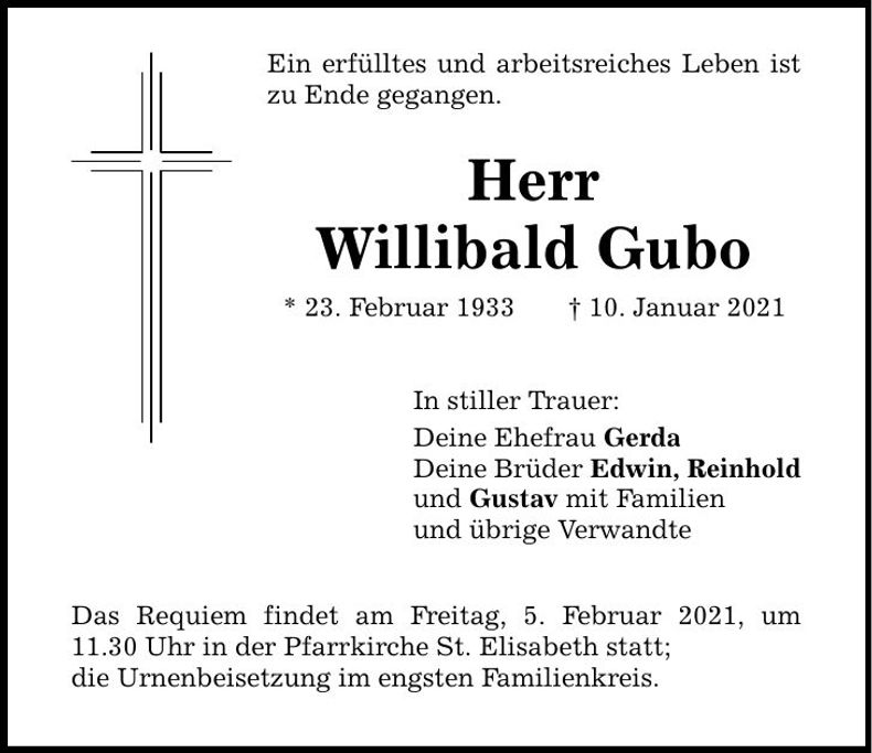 Traueranzeige Willibald Gubo