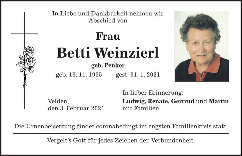 Traueranzeige Betti Weinzierl