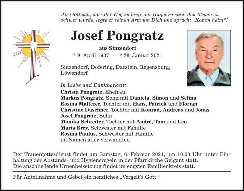 Traueranzeige Josef Pongratz