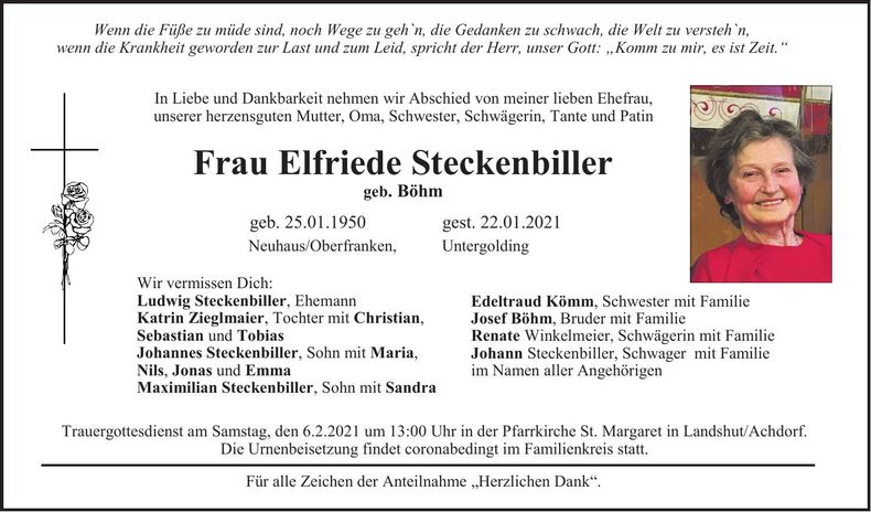 Traueranzeige Elfriede Steckenbiller