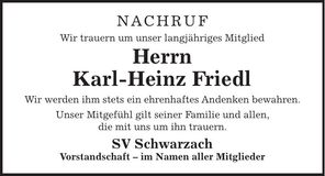 Traueranzeige Karl-Heinz Friedl