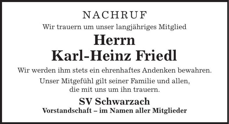 Traueranzeige Karl-Heinz Friedl