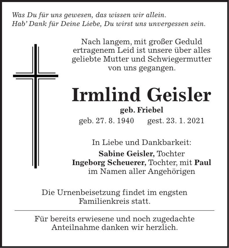Traueranzeige Irmlind Geisler
