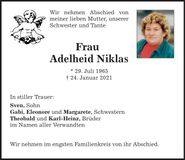 Traueranzeige Adelheid Niklas