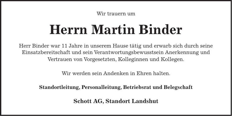Traueranzeige Martin Binder