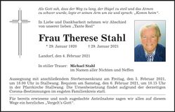 Traueranzeige Therese Stahl