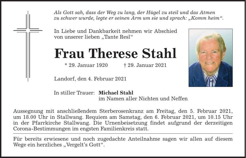 Traueranzeige Therese Stahl