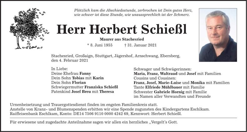 Traueranzeige Herbert Schießl