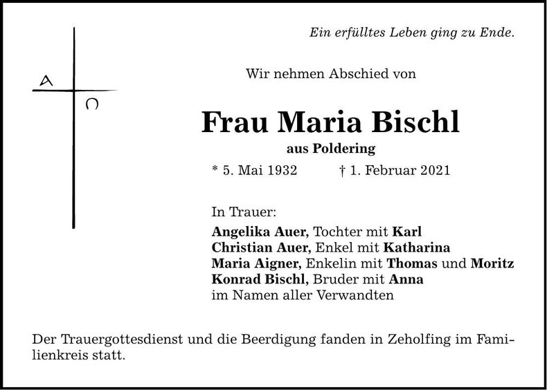 Traueranzeige Maria Bischl