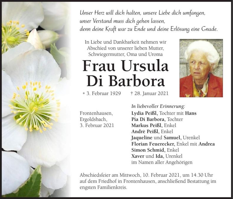 Traueranzeige Ursula Di Barbora