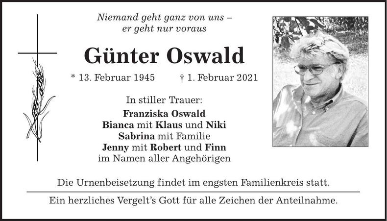 Traueranzeige Günter Oswald